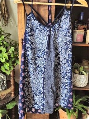 UPCYCLED Blue Boho MultiPrint Strappy Mini Dress Loose Fit, Upcycled, Medium